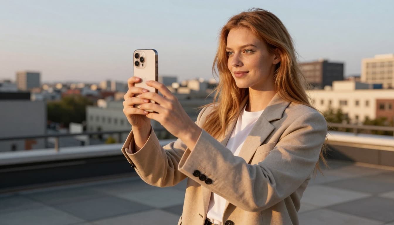 A young Scandinavian creator holding an iPhone filming a vlog on a rooftop terrace at golden hour, soft warm natural light, influencer aesthetic