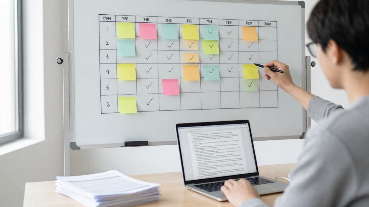 A creator mapping AI influencer disclosure requirements 2026 across platforms on a whiteboard grid with colored sticky notes, laptop open to a guidelines page