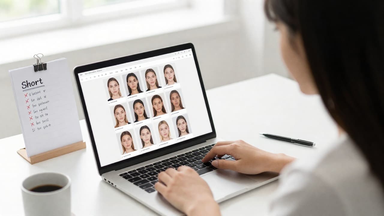 A creator comparing AI influencer generator tools side by side on a laptop, with a printed grid of consistent AI persona portraits and a handwritten shortlist on the desk