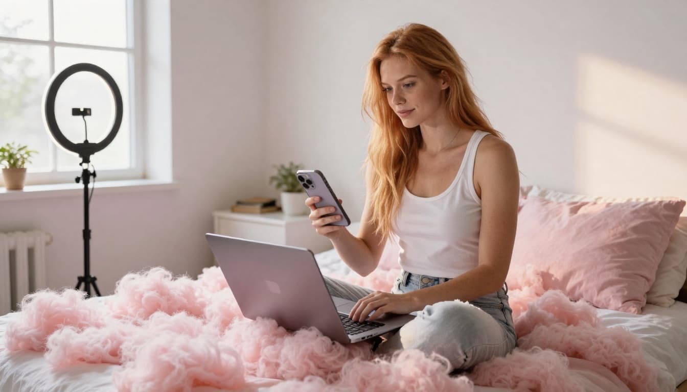 A young creator sitting on a pink bedspread with an open laptop and iPhone, early morning window light, cozy bedroom studio with a ring light