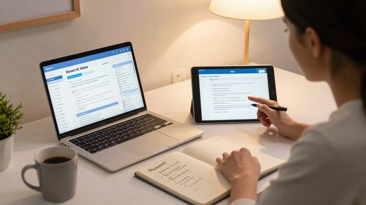 A creator comparing Fanvue and OnlyFans dashboards side by side on a laptop and tablet, handwritten pros-and-cons list in a notebook, warm evening desk light