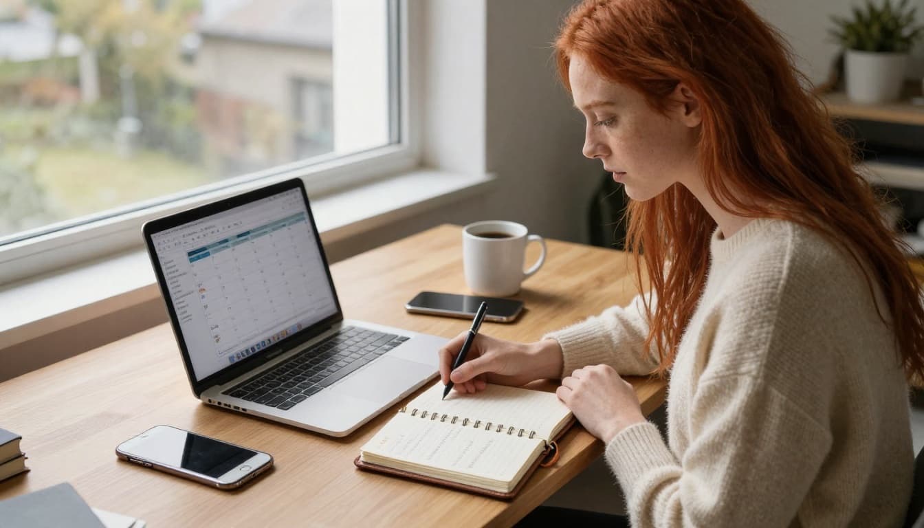 An OnlyFans creator at her wooden desk planning a content calendar, laptop showing a calendar grid, handwritten weekly schedule in a leather notebook, two phones beside her, soft morning window light