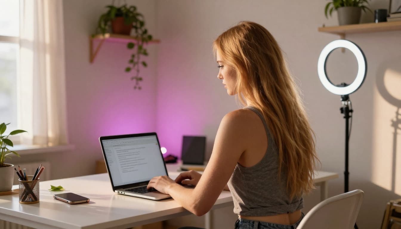 A creator working at her laptop in a cozy home studio, profile view, with a ring light and pink ambient lighting