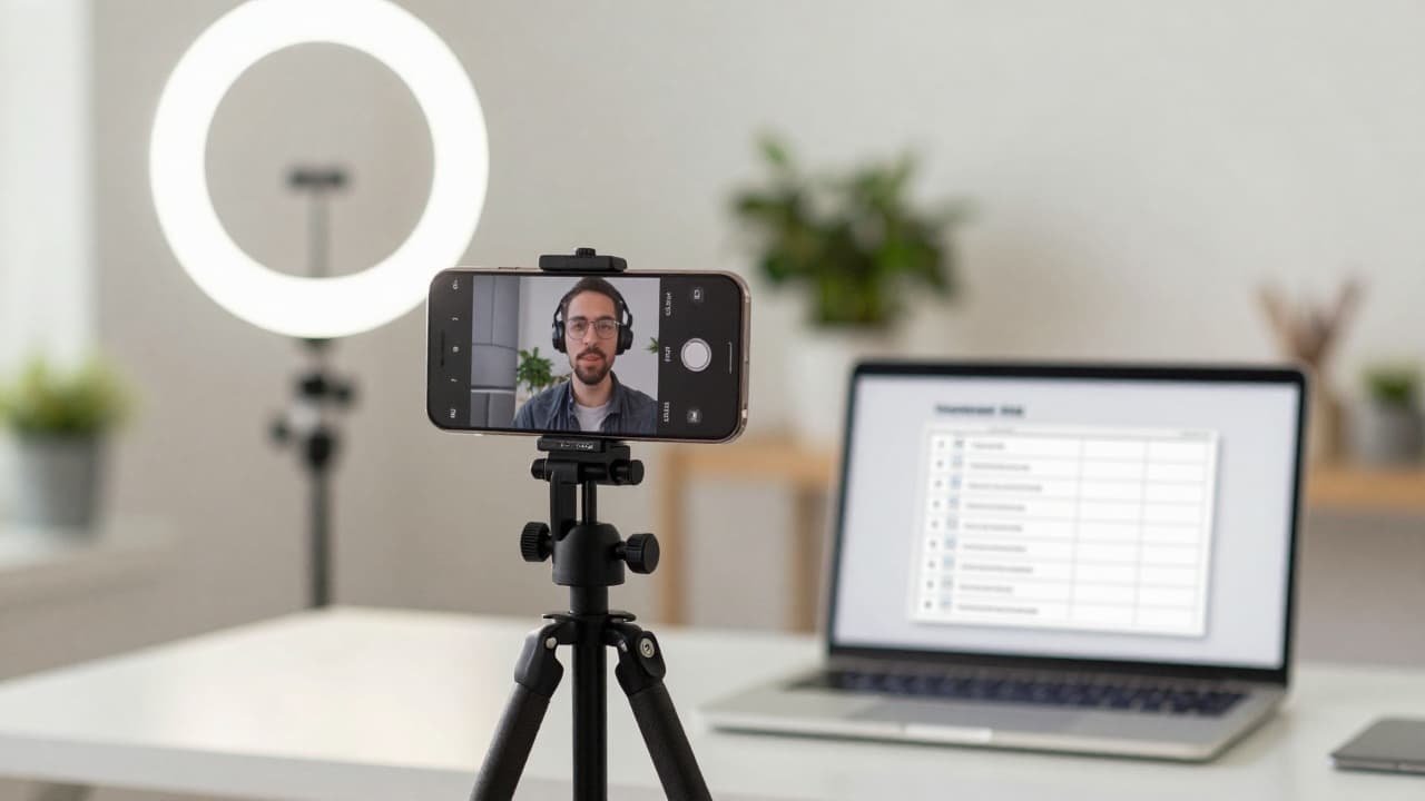 A creator checking the TikTok AI content policy 2026 label settings on a phone before posting, ring light and laptop in a small home studio