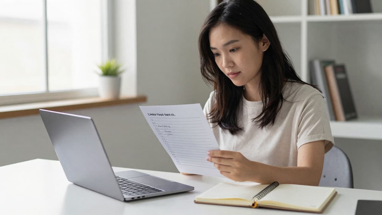 A creator reviewing the Fanvue AI content policy 2026 disclosure checklist on a laptop, warm desk lamp light, notebook with a handwritten compliance checklist beside the keyboard