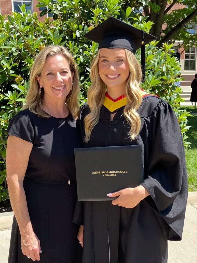 Sunny day smartphone photo from a graduation ceremony, capturing a…