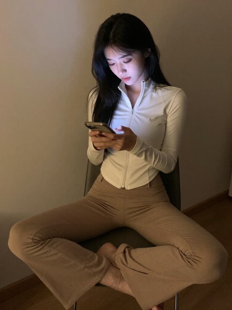 Smartphone photo taken from a high angle of a young, slender East…