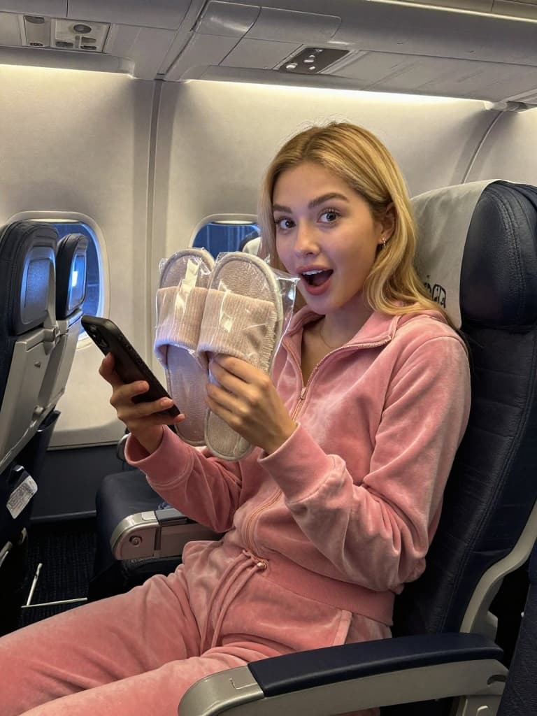Smartphone photo taken inside an airplane cabin, of a conventionally…