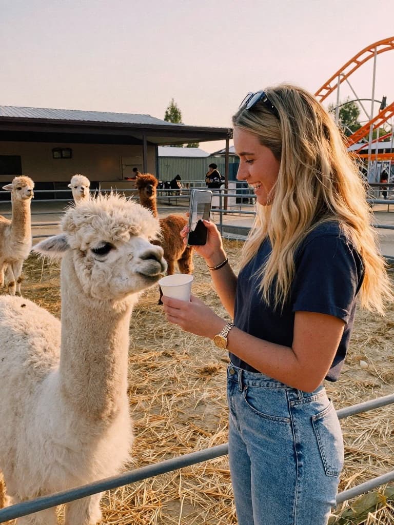 Smartphone photo taken at a petting zoo, a young blonde woman in her…