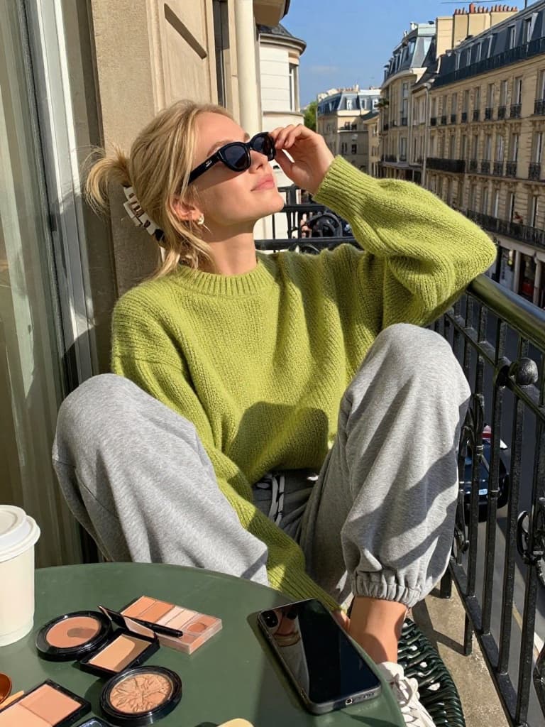 Candid-style smartphone photo of a young blonde woman sitting on a…