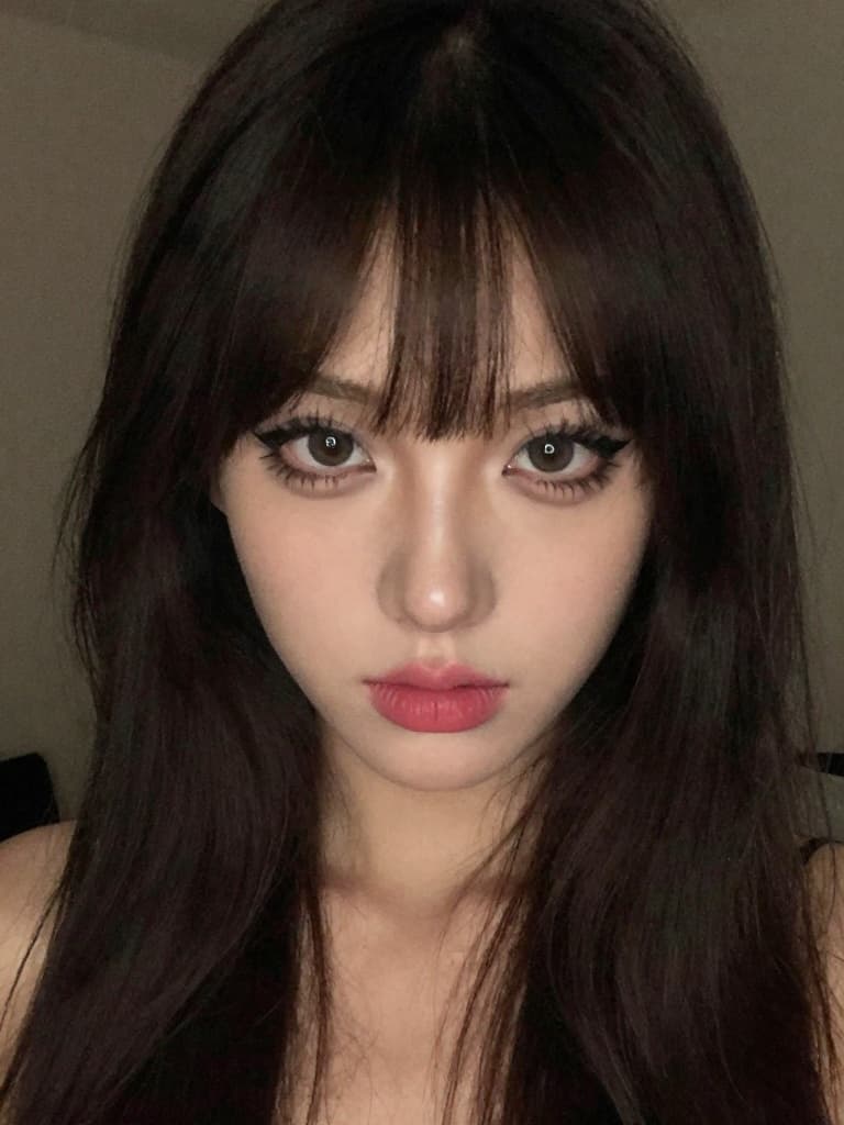 Smartphone selfie of a young caucasian woman with long dark brown…