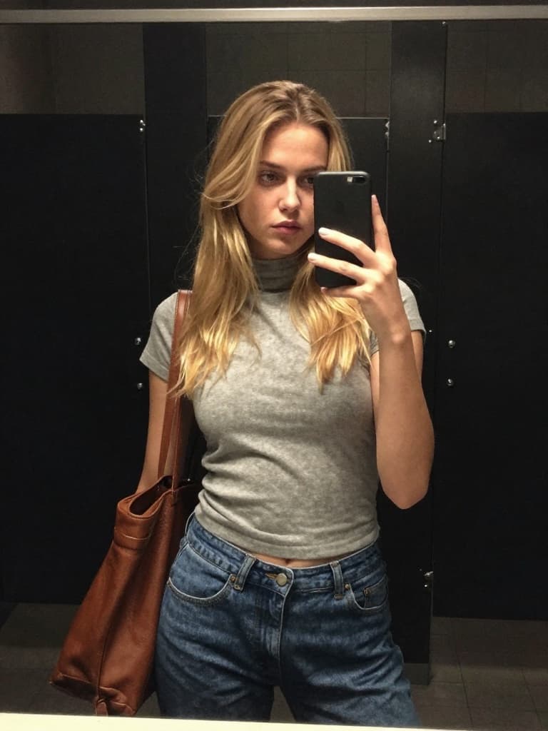 Smartphone mirror selfie of a young caucasian woman with long blonde…