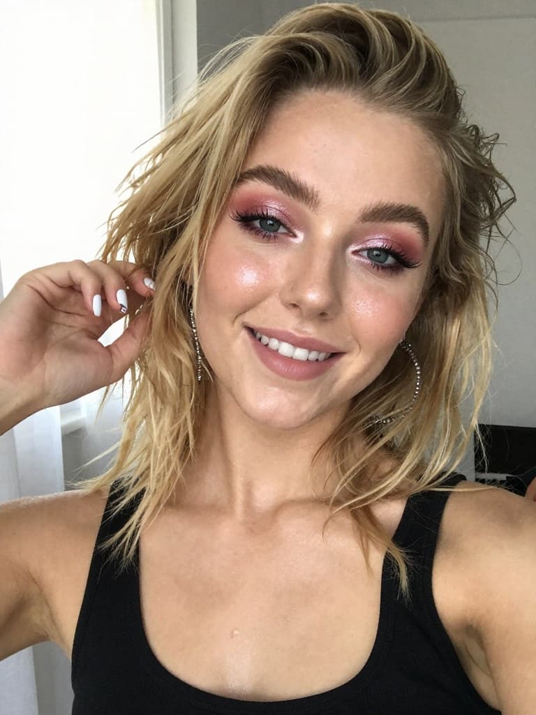Smartphone selfie of a beautiful young caucasian woman with dirty…