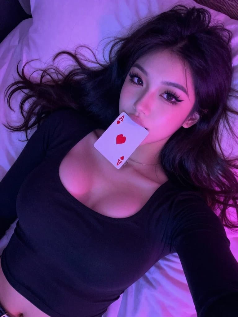Smartphone selfie taken from a high angle of a young e-girl with long…