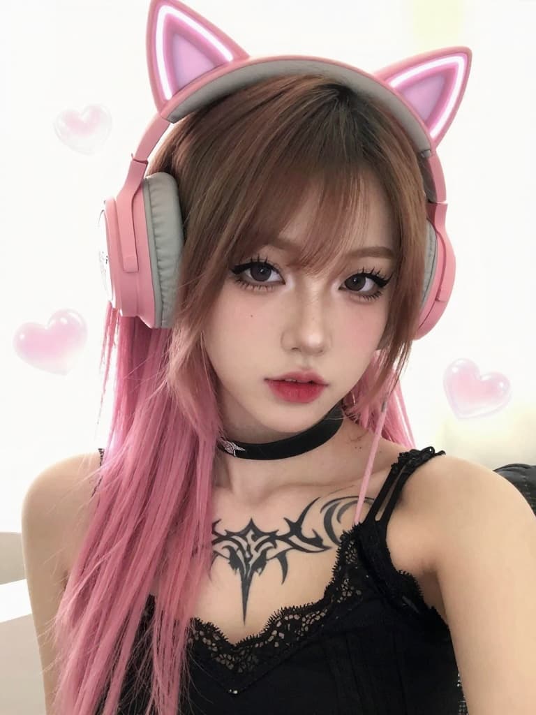 Heavily filtered smartphone selfie of a young e-girl with split-dyed…