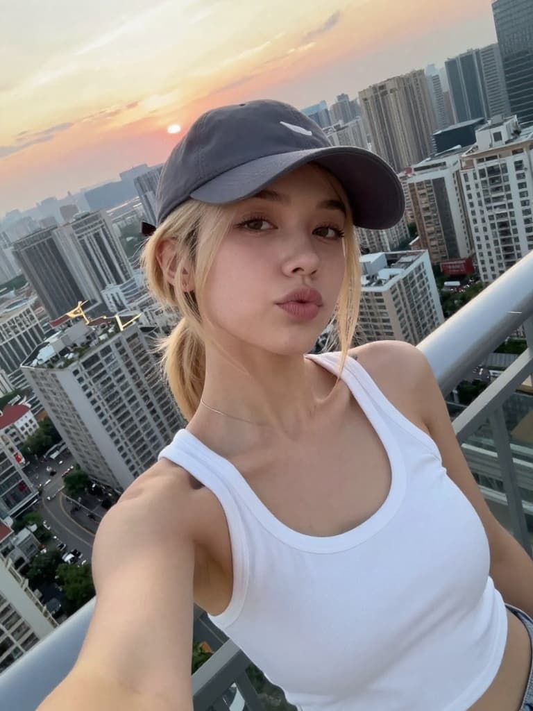 Smartphone selfie of a beautiful young caucasian woman with blonde…