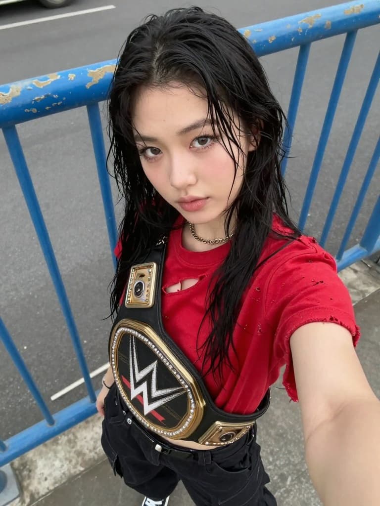 Smartphone selfie of a young East Asian woman with long, wet black…