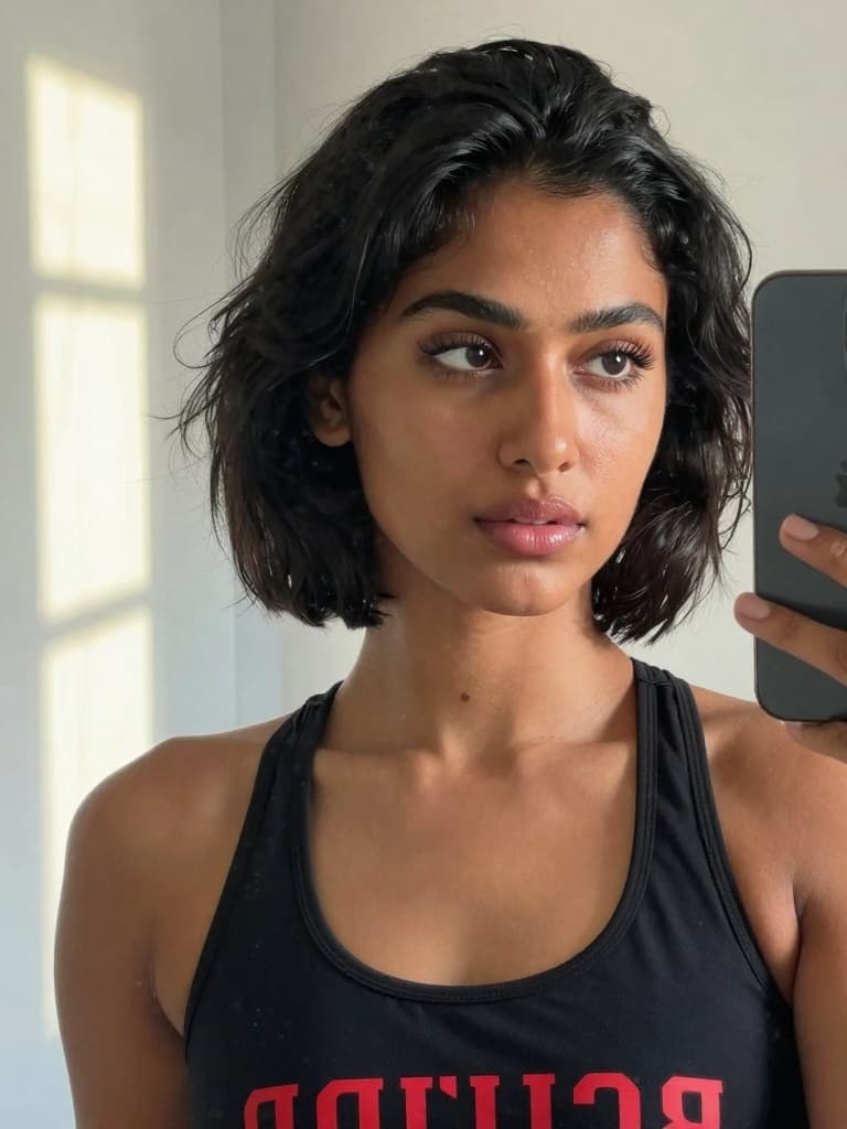 Smartphone mirror selfie of a conventionally attractive young South…