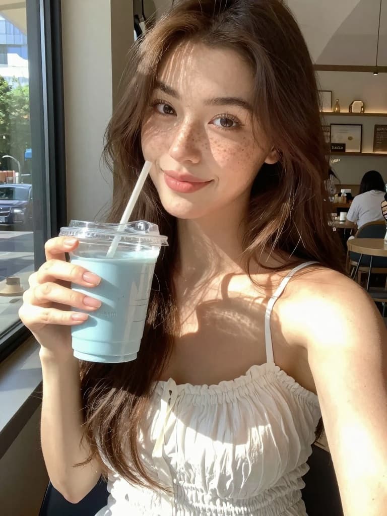 Smartphone selfie of a beautiful young caucasian woman with long…