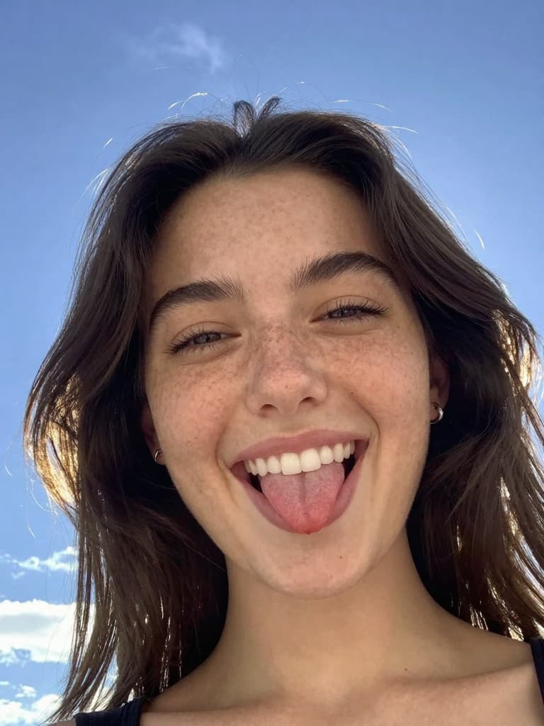 Smartphone selfie of a cute young caucasian woman with freckles and…