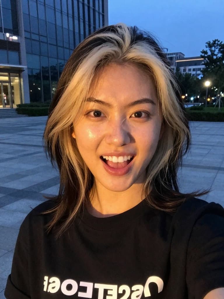 Smartphone selfie of a young East Asian woman with two-tone hair…