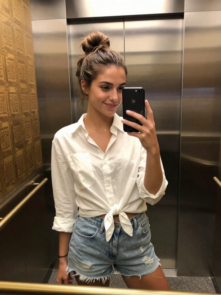 IPhone mirror selfie of a conventionally attractive young caucasian…