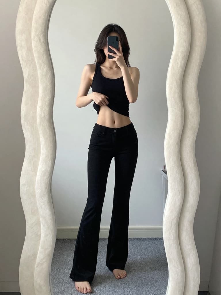 IPhone mirror selfie of a slender young East Asian woman in her…