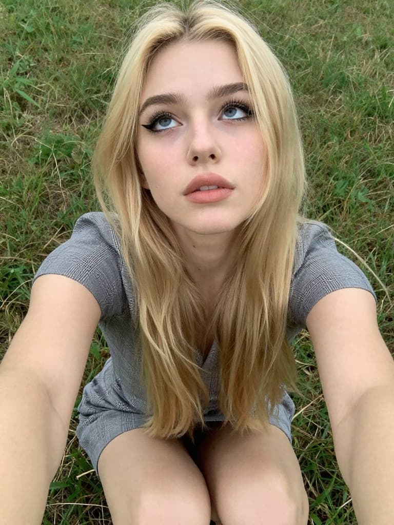 Smartphone selfie of a young caucasian woman with long blonde hair…