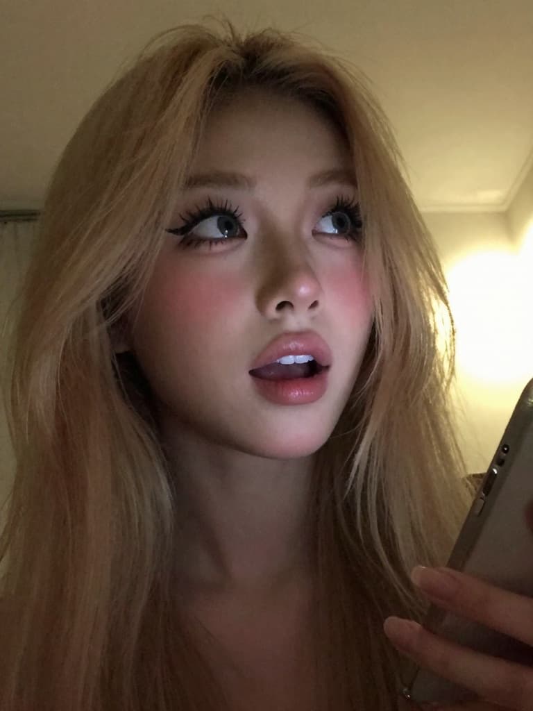 Smartphone photo of a young caucasian woman with long blonde hair…