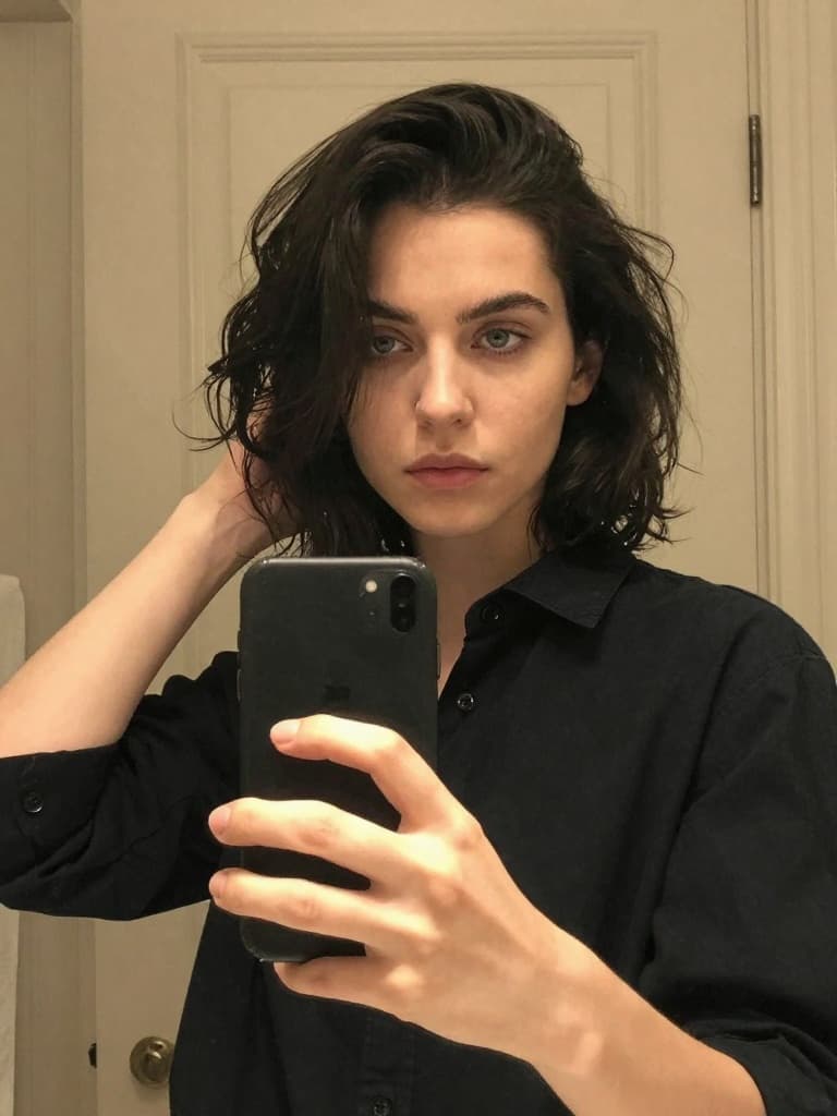 IPhone mirror selfie of a conventionally attractive young caucasian…