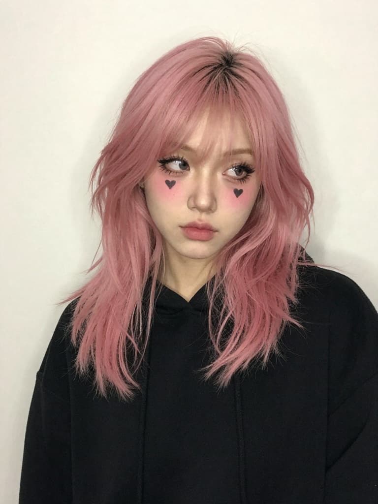 Smartphone selfie of a cute young caucasian woman with a pink wig…