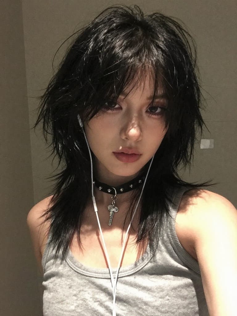 Smartphone selfie of a young caucasian woman with a messy black shag…