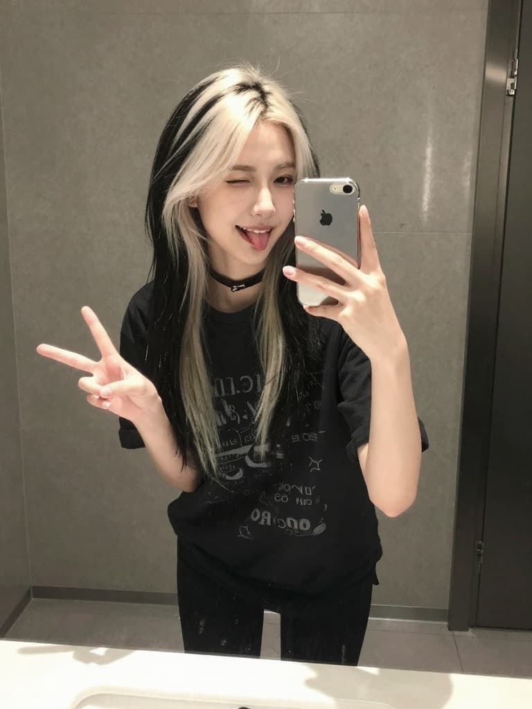 Smartphone mirror selfie of a beautiful young East Asian woman with…
