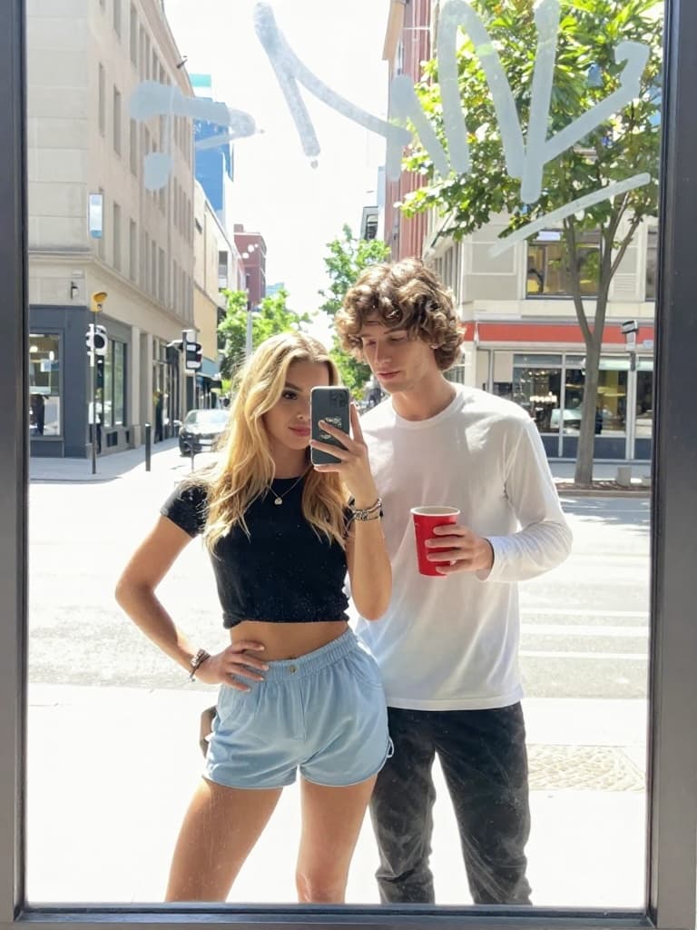 Smartphone mirror selfie taken through a large storefront window of a…