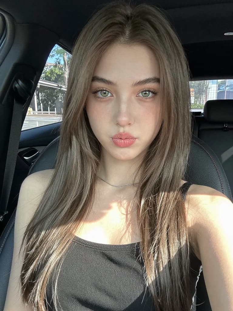 Smartphone selfie of a beautiful teenage girl with long, straight…