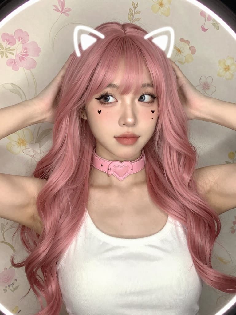 Smartphone selfie of a young caucasian woman with long, wavy pink…