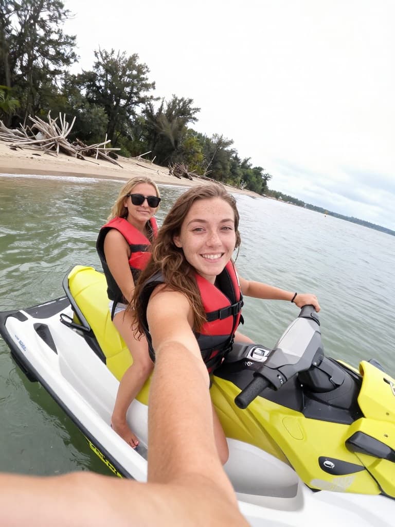 Smartphone selfie of two young women on a bright yellow Sea-Doo jet…