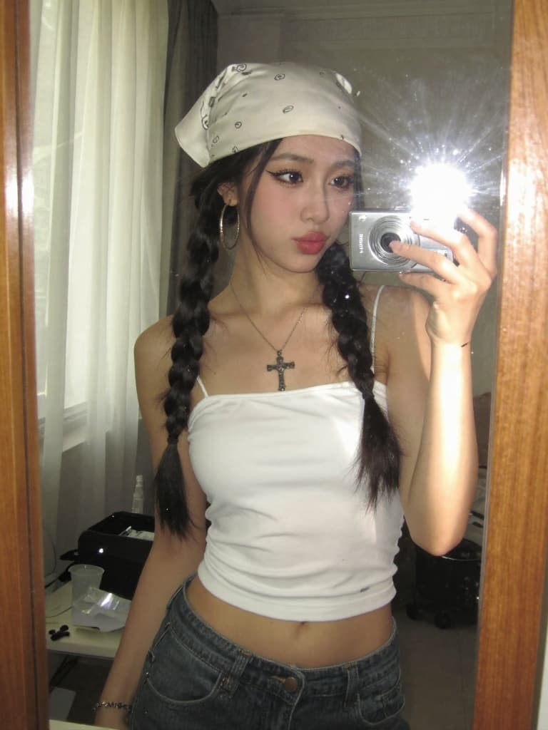 Y2K mirror selfie taken with an early 2000s point-and-shoot digital…