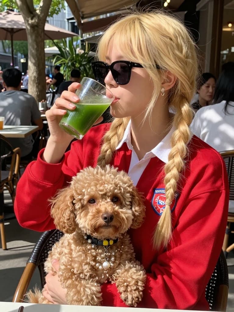 Smartphone photo of a young blonde woman with her hair in two braids…