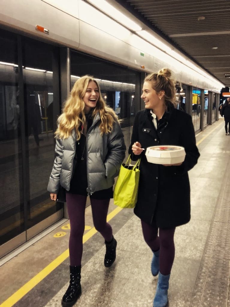 Smartphone photo of two young women, friends, laughing and walking on…
